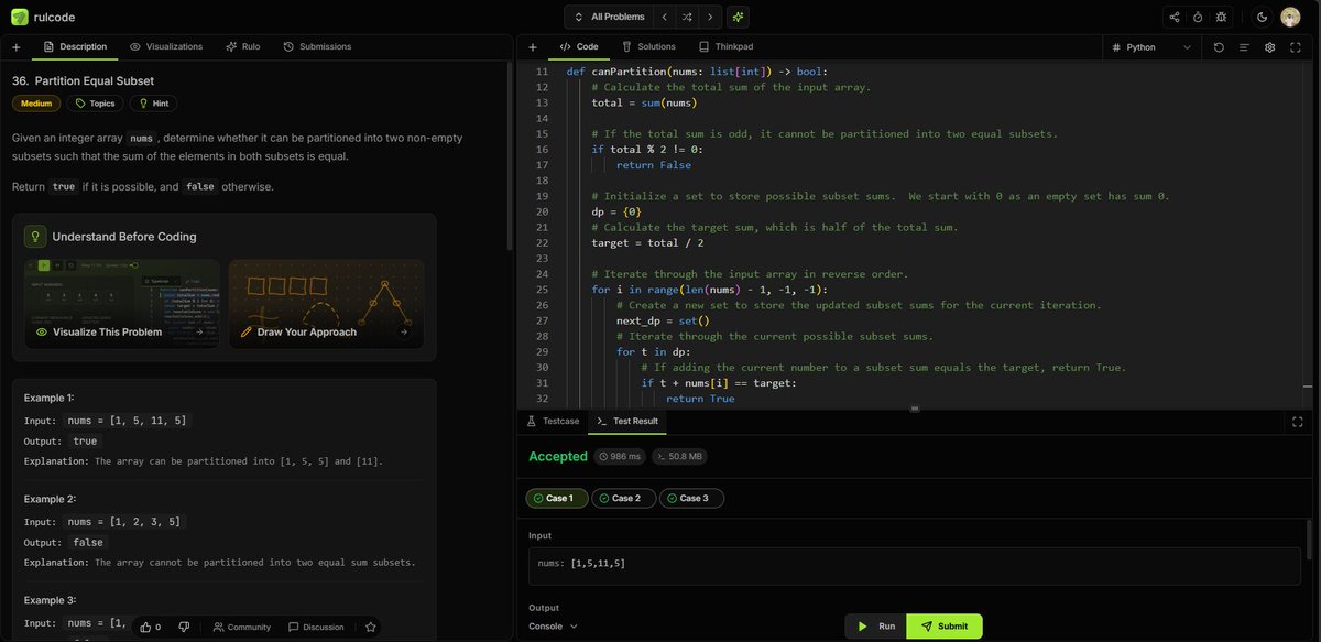 YutiloInc's tweet photo. 🧠 Practicing Partition Equal Subset Sum on Rulcode!

Given [1, 5, 11, 5], can you split it into two subsets with equal sums?

💡 Pattern: Dynamic Programming (0/1 Knapsack)

The trick: target = total sum / 2.

Try it 👇
https://t.co/HRJJZqIFy5

#DSA #LeetCode https://t.co/36lqndGgN4