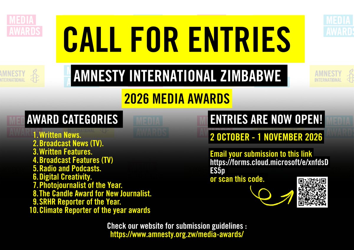 amnesty_zim's tweet photo. 🏆 CALL FOR ENTRIES STILL OPEN!

📰 Have you submitted your entry for the Amnesty International Zimbabwe Media Awards yet? 

Don't miss the opportunity to have your work recognised!

📢 Don't wait until the last minute—submit your entry today!

NB: All entries must be submitted on https://t.co/GwPIX6BlDA

The closing date for entries is midnight on 1 November 2026. No entries will be accepted after this.

For more information on requirements and award categories visit our website: https://t.co/RYwQHDhpP3