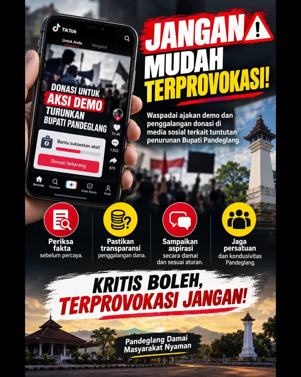 ekonomiplus62's tweet photo. Waspada! Verifikasi informasi, jaga persatuan, dan lakukan aksi damai di Pandeglang. https://t.co/ihsY4YCiTT