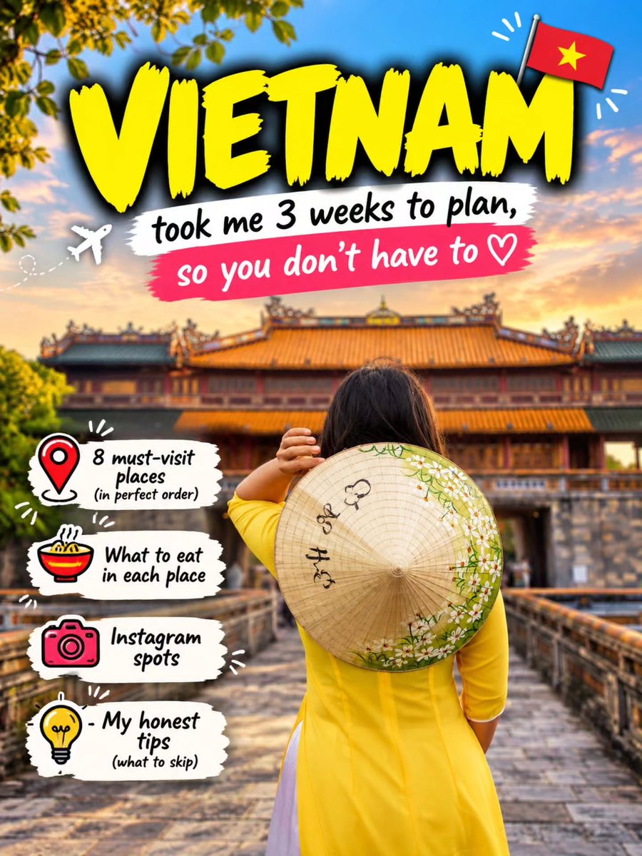 Belgy08's tweet photo. Vietnam took me 3 weeks to plan. Here’s a 16-day North-to-South route with no backtracking
Hanoi, Ha Long Bay, Ninh Binh, Sapa, Da Nang, Hoi An, Ho Chi Minh City, Phu Quoc. Save this before booking. Which stop is first on your list? https://t.co/CQ1K8wP4fW