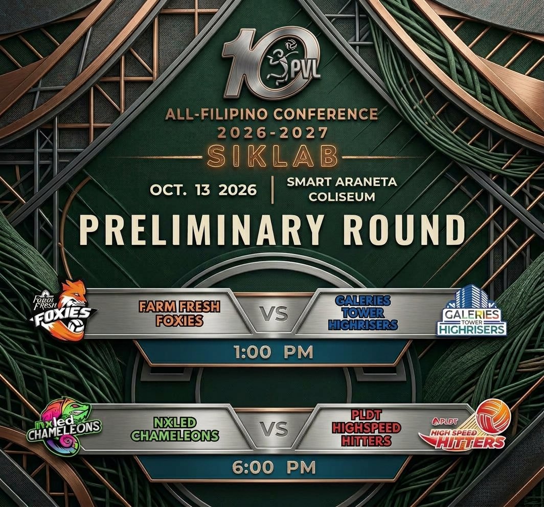 balibol2027's tweet photo. Gameday : Oct. 13, 2026 
Farm Fresh Foxies VS Galeries Tower Highriser
Nxled Chameleons VS PLDT High Speed Hitters 
#volleyball #pvl2026 https://t.co/2Vk927QWQH