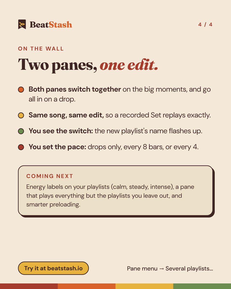 beat_stash's tweet photo. 5/5 Both panes hit the drop together, the same song always cuts the same way, and you choose the pace.

Try it: pane menu → Several playlists…, then turn on PMV mode.
https://t.co/Adx6UYhLNn https://t.co/tsiJtW6Hc2