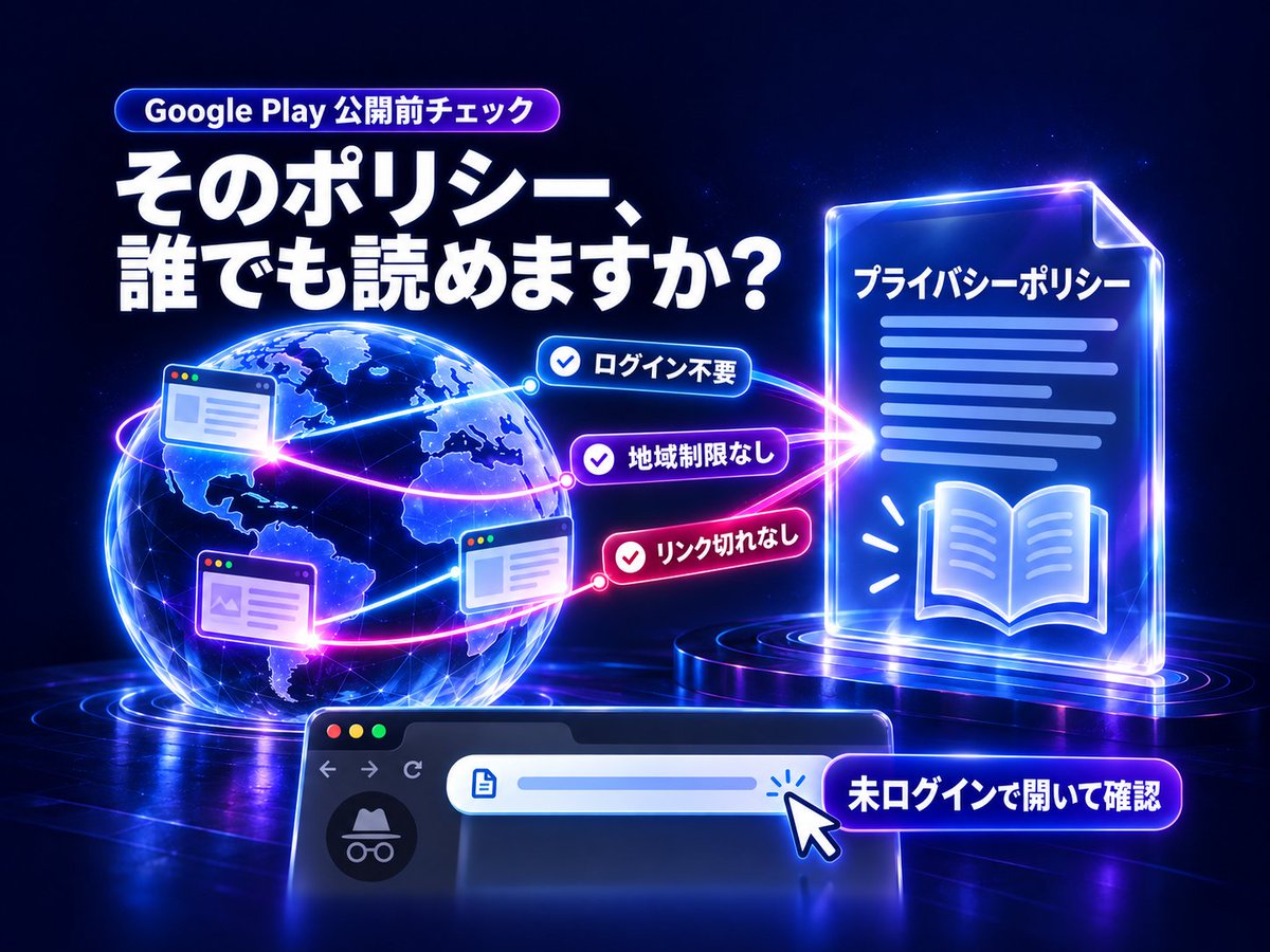 BPR_Prot's tweet photo. Google アプリ申請前に
「プライバシーポリシー」の確認を🔎

Google Playは「プライバシーポリシー」ページが世界中からアクセスできる状態を求めることがあります。
内容が整っていても、ログイン必須や地域制限つきのURLでは要件を満たせません。

申請前に一度確認しておきましょう。

#個人開発 https://t.co/aK9kUQdUjn