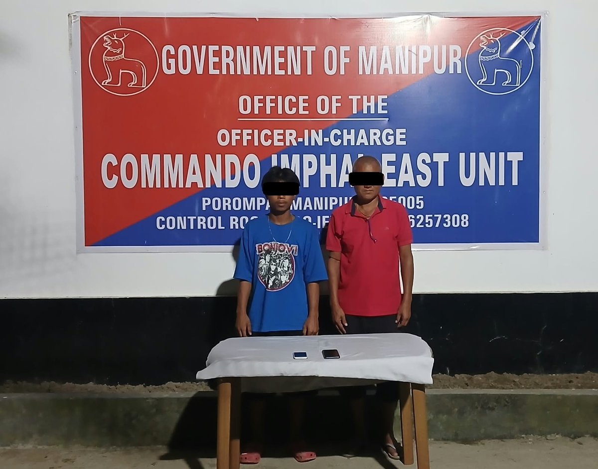 manipur_police's tweet photo. On 12-10-2026, based on reliable intelligence, a joint team of CDO/Imphal East and Security Forces arrested two active cadres of PRE-PAK from their respective localities of Imphal East District under Lamlai PS:

1. Keisham Kanto Meitei (18 yrs), R/o Yourabung Khunou

2. Kshetrimayum Shyam Singh (52 yrs), R/o Nungoi Makha Leikai

Both were involved in activities linked to PRE-PAK's Raising Day, from handling and putting up the outfit banners at Sawombung area.