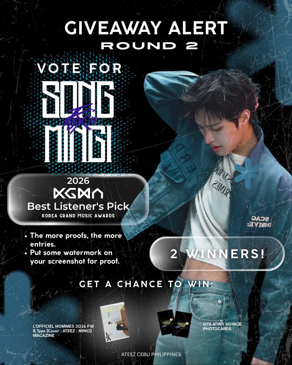 AteezCebuPH's tweet photo. GIVEAWAY ALERT! — ROUND 2 

Join our Round 2 Giveaway for a chance to win exclusive prizes! ✨

VOTE FOR MINGI for Best Listener’s Pick at the 2026 Korea Grand Music Awards (KGMA) in COOGONG

Vote DINERO:

https://t.co/YeTaUMVAes

🩵 MORE PROOFS = MORE ENTRIES!
• Submit your voting proofs in the comment section.
• Make sure to put your watermark on every screenshot/proof.
• Every valid proof counts as an entry!

🏆 2 WINNERS will get a chance to win exclusive prizes!

Let’s keep voting and show Mingi our love and support! 🩵

Special thanks to our generous sponsor❤️

Good luck, ATINY!

#MINGI #ATEEZ  @ATEEZofficial