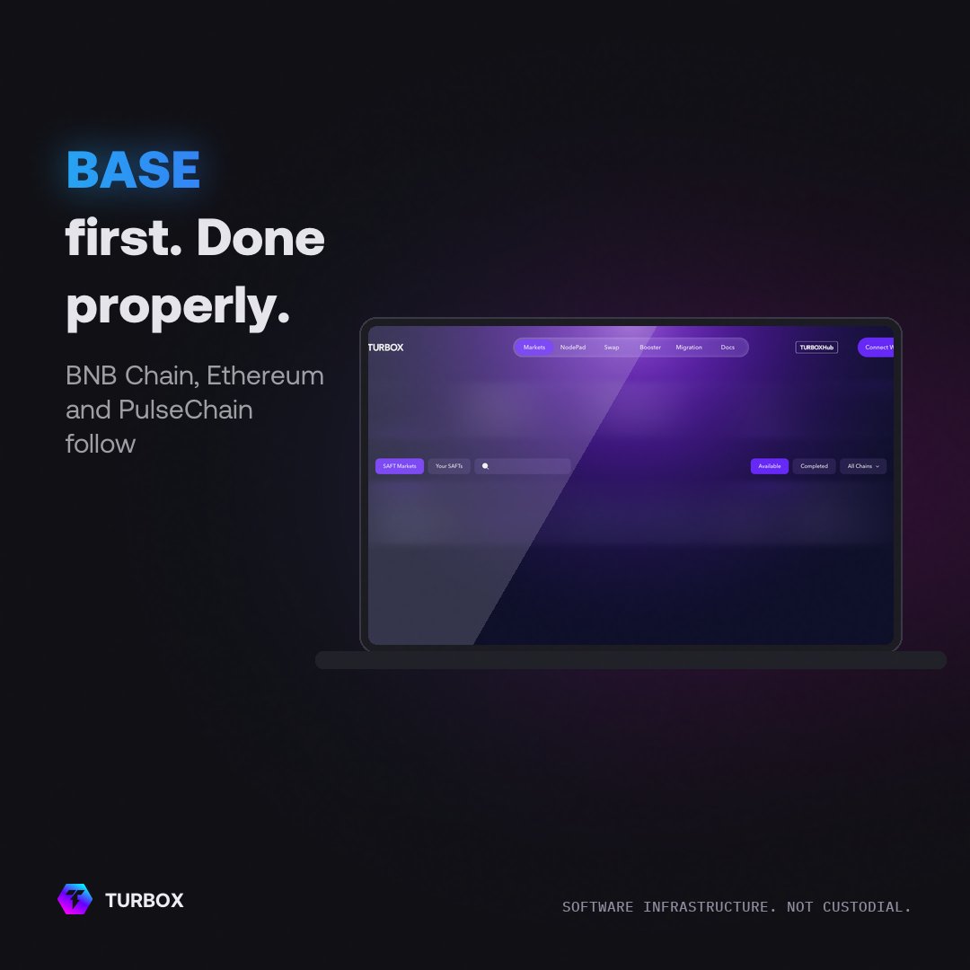 TurboXProtocol's tweet photo. BASE first. Done properly.

TurboX runs on BASE first. BNB Chain, Ethereum and PulseChain come after, then others along the way. Each chain gets added when the one before it has earned it.

Launch where it's live: https://t.co/5Q2sfcSP2y https://t.co/v11SluErGa