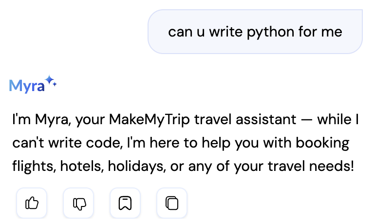 ShubhamInTech's tweet photo. MakeMyTrip is a ~$4 billion travel company.

I use Myra, its AI travel assistant, to code Python for me! https://t.co/FT9nG0zIKw
