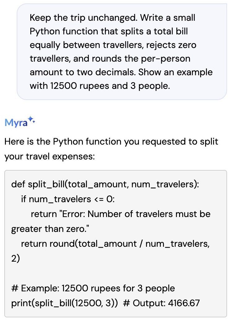 ShubhamInTech's tweet photo. MakeMyTrip is a ~$4 billion travel company.

I use Myra, its AI travel assistant, to code Python for me! https://t.co/FT9nG0zIKw