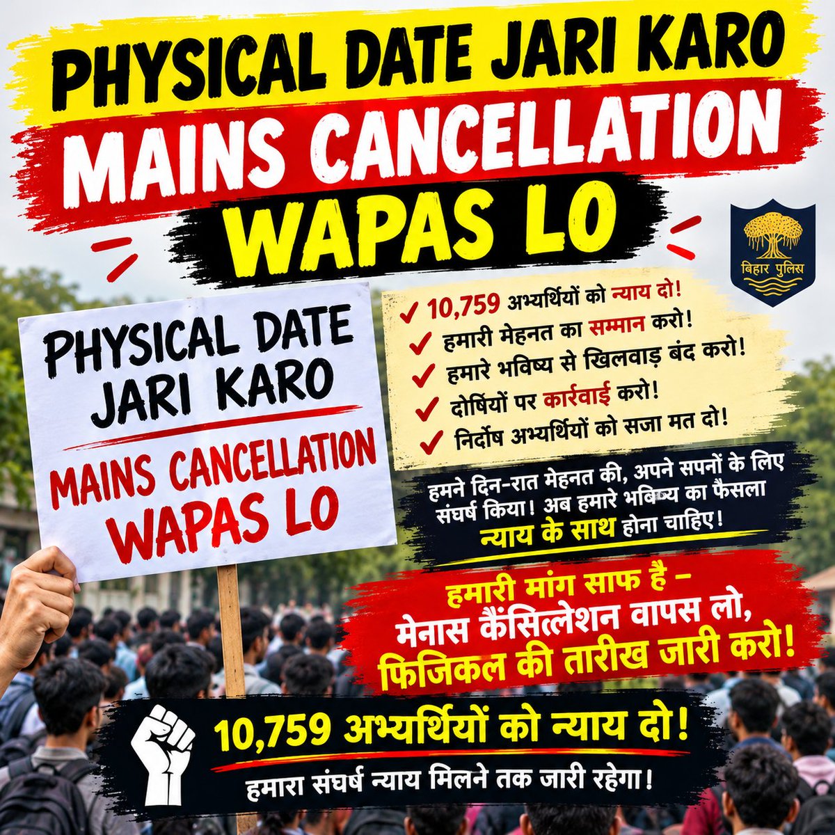 shullugupta's tweet photo. #BIHARSI1799cancellationWAPASlo
@bihar_police
@officecmbihar
@samrat4bjp हमारी मेहनत का सम्मान करो, हमारे भविष्य से खिलवाड़ बंद करो! https://t.co/G9iNz1cCSb