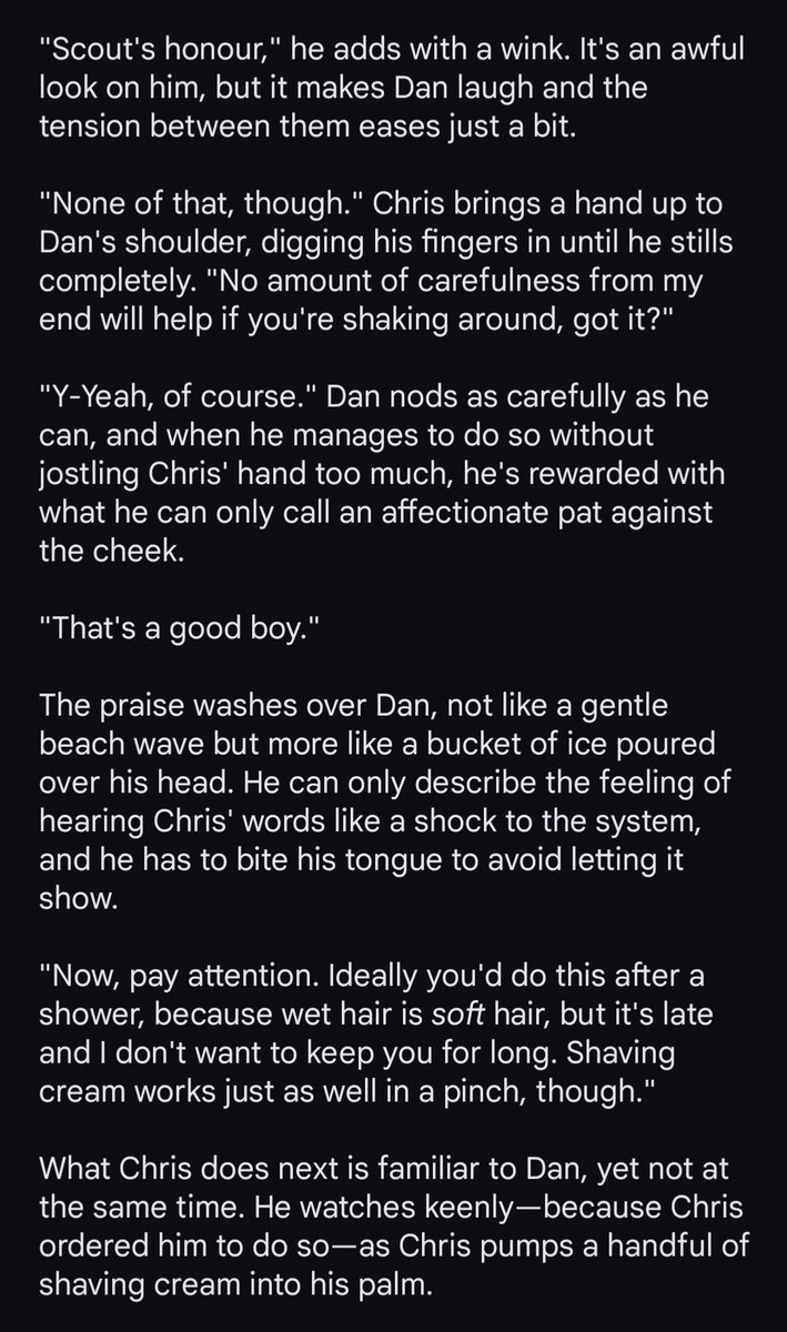 ink453ro's tweet photo. #dansen I know the idea of Chris making Dan shave to help keep his appearance "nubile" has been bounced around already.... I wanted to take it further by having /Chris/ be who helps Dan shave (´▽｀)

please accept this humble drabble 🫶

1/3 🧵 https://t.co/m3uMpQotGo
