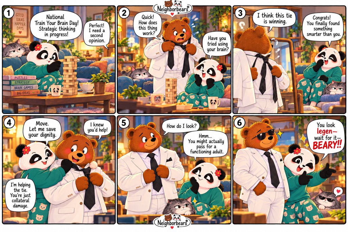 neighborbears's tweet photo. 🐼: A 🐻 in a suit is good. A 🐻 who needs a 🐼 to tie it? LEGENDARY. 😏🐼
 I don’t fix 🐻. I upgrade the packaging. Suit up, boyfriend! 💚

#Neighborbears #CoupleComics #BarneyStinson #Webcomics https://t.co/lSfEzfD5lv