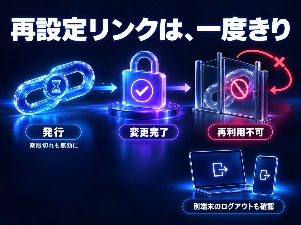 BPR_Prot's tweet photo. パスワードを変更したら再ログインで終わり。
・・ではなくもう１つ確認してほしいこと⚠️

パスワード変更後にも、再設定ページなどの古い入口が残ることがあります。  再設定リンクをもう一度開いて、無効なページになっていることを確認するようにしてください。

#個人開発 #セキュリティ https://t.co/zHy2BagsQI