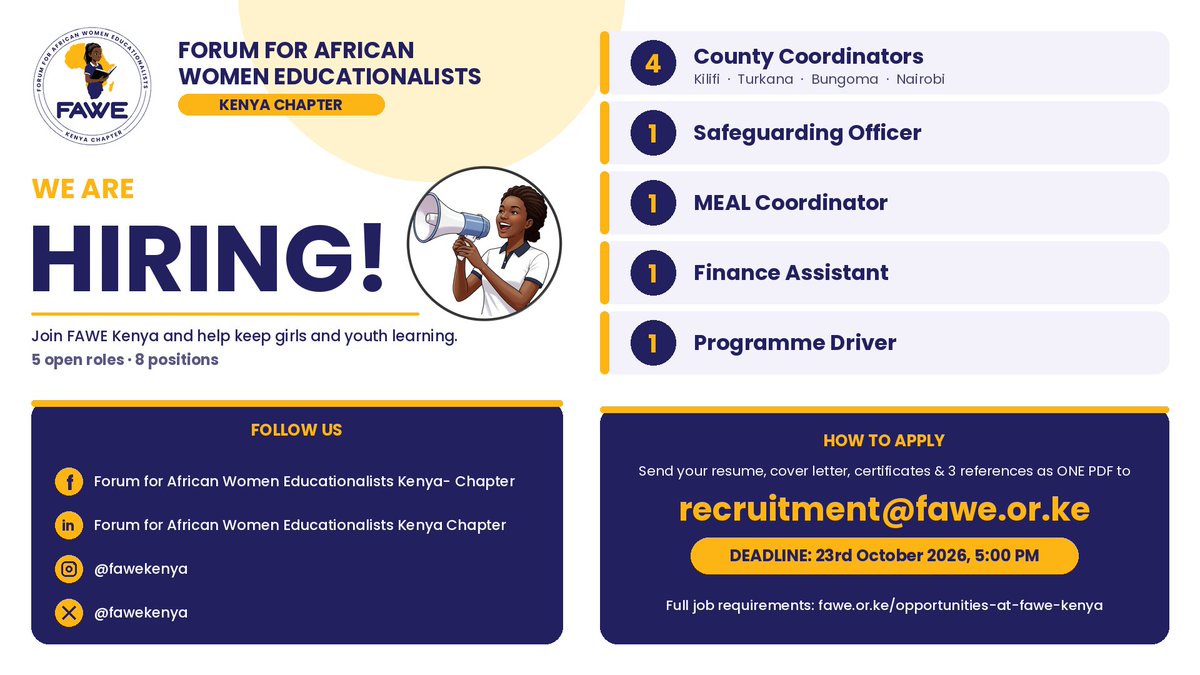 fawekenya's tweet photo. @fawekenya  is hiring!
We have open opportunities available:
✅️County Coordinators
✅️Safeguarding Officer
✅️MEAL Coordinator
✅️Finance Assistant
✅️Programme Driver
🗓️ Deadline: 23 Oct 2026, 5 PM
Details &amp; applications: https://t.co/i6yNfF8Ebj https://t.co/P5mOpO68sI