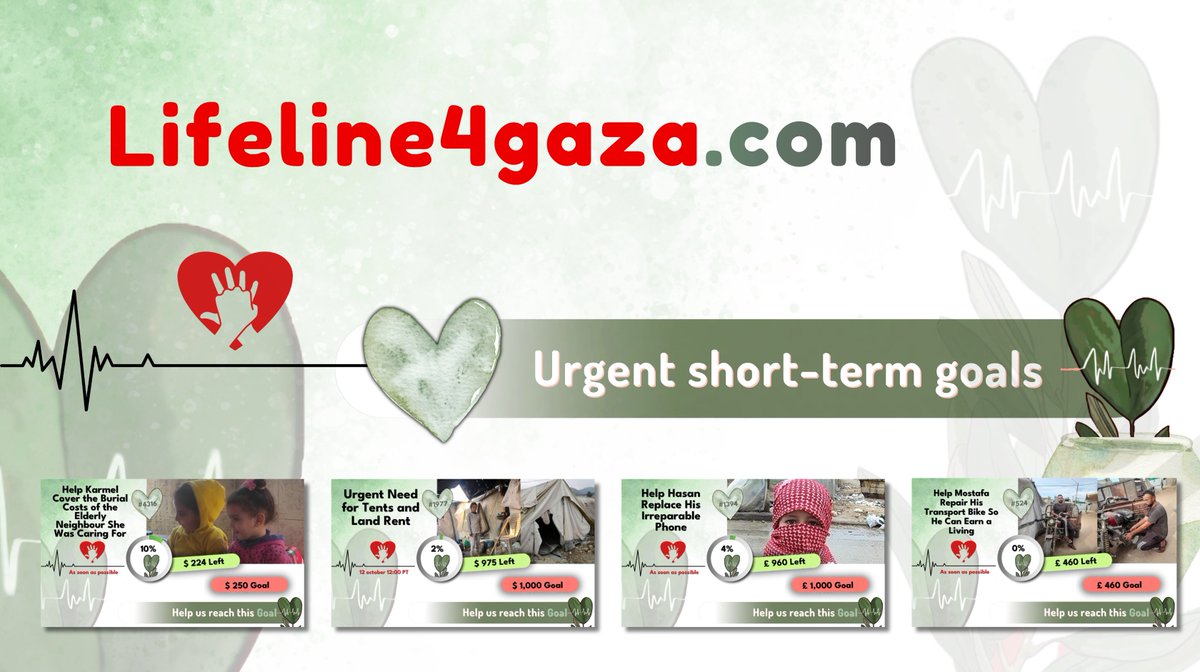 ll4gaza_ofcl's tweet photo. Today’s #LL4GazaShortTermGoals thread - 10/13 🔦

These are verified, time-sensitive needs such as children’s education, urgent medical care, and debt relief. Each goal has been confirmed as accurate and needs prompt support.

Please help us reach these goals in time, visit https://t.co/B6DLLWico1 and share widely ✨🫒