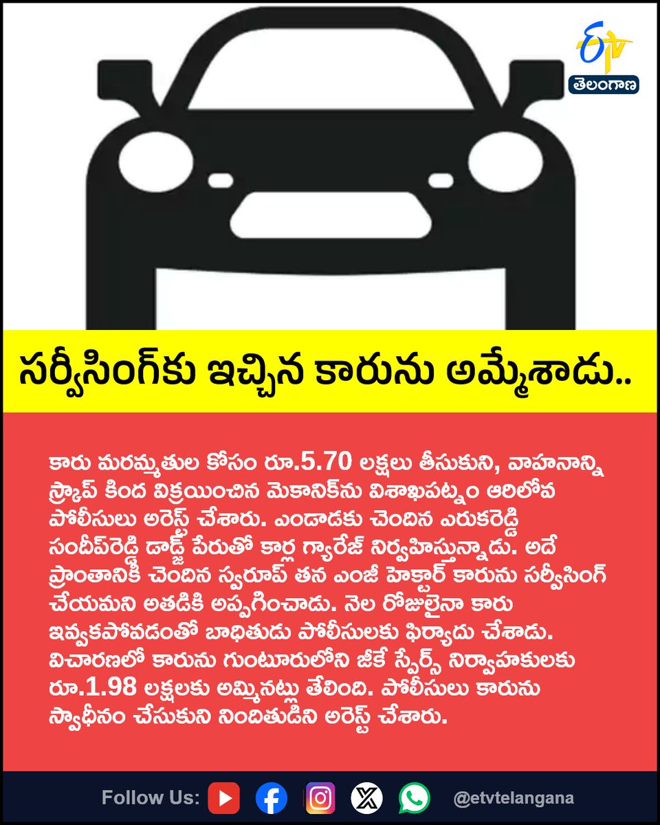 etvtelangana's tweet photo. సర్వీసింగ్‌కు ఇచ్చిన కారును అమ్మేశాడు..
For More LIVE Updates Click This Link
https://t.co/J7l3k76SGA
#Visakhapatnam
#MechanicArrested
#MGHector
#CarServiceFraud
#Etvtgbreaking https://t.co/HO1kMeldnY