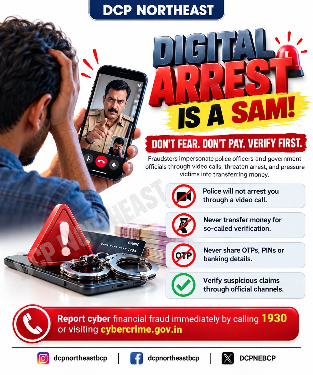 DCPNEBCP's tweet photo. ವಂಚಕರು ಪೊಲೀಸ್ ಅಧಿಕಾರಿಗಳು ಅಥವಾ ಸರ್ಕಾರಿ ಅಧಿಕಾರಿಗಳೆಂದು ಸುಳ್ಳು ಹೇಳಿ, ವಿಡಿಯೋ ಕರೆಗಳ ಮೂಲಕ ಬಂಧನದ ಭೀತಿ ಹುಟ್ಟಿಸಿ ಹಣ ವರ್ಗಾಯಿಸುವಂತೆ ಒತ್ತಾಯಿಸುತ್ತಾರೆ.

🛡️ ಎಚ್ಚರಿಕೆ ವಹಿಸಿ. ವಂಚಕರಿಂದ ದೂರವಿರಿ.
- ವಿಡಿಯೋ ಕರೆ ಮೂಲಕ ಬಂಧನದ ಬೆದರಿಕೆ ಹಾಕುವವರನ್ನು ನಂಬಬೇಡಿ.
- ಪೊಲೀಸ್ ತನಿಖೆಯ ಹೆಸರಿನಲ್ಲಿ ಹಣ ಪಾವತಿಸಬೇಡಿ.
- OTP, PIN ಹಾಗೂ ಬ್ಯಾಂಕ್ ಖಾತೆಯ ವಿವರಗಳನ್ನು ಯಾರೊಂದಿಗೂ ಹಂಚಿಕೊಳ್ಳಬೇಡಿ.
- ಅನುಮಾನಾಸ್ಪದ ಕರೆಗಳ ಸತ್ಯಾಸತ್ಯತೆಯನ್ನು ಅಧಿಕೃತ ಮೂಲಗಳಿಂದ ಪರಿಶೀಲಿಸಿ.
- ಸೈಬರ್ ಹಣಕಾಸು ವಂಚನೆಗೊಳಗಾದರೆ ತಕ್ಷಣ 1930 ಗೆ ಕರೆ ಮಾಡಿ ಅಥವಾ https://t.co/aY4LIlz6ht ಮೂಲಕ ದೂರು ಸಲ್ಲಿಸಿ.

ನಿಮ್ಮ ಜಾಗರೂಕತೆಯೇ ಸೈಬರ್ ವಂಚನೆಯ ವಿರುದ್ಧದ ಮೊದಲ ರಕ್ಷಣೆ!

#Awareness #DcpNorthEast #JointCpEast #BengaluruCityPolice

@BlrCityPolice @CPBlr @DgpKarnataka @jt_cpeastbcp