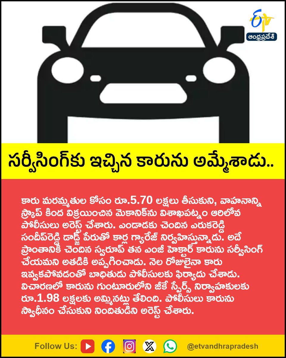 etvandhraprades's tweet photo. సర్వీసింగ్‌కు ఇచ్చిన కారును అమ్మేశాడు..
For More LIVE Updates Click This Link
https://t.co/eltbdVshne
#Visakhapatnam
#MechanicArrested
#MGHector
#CarServiceFraud
#Etvapbreaking https://t.co/ZB1fjpFr1L
