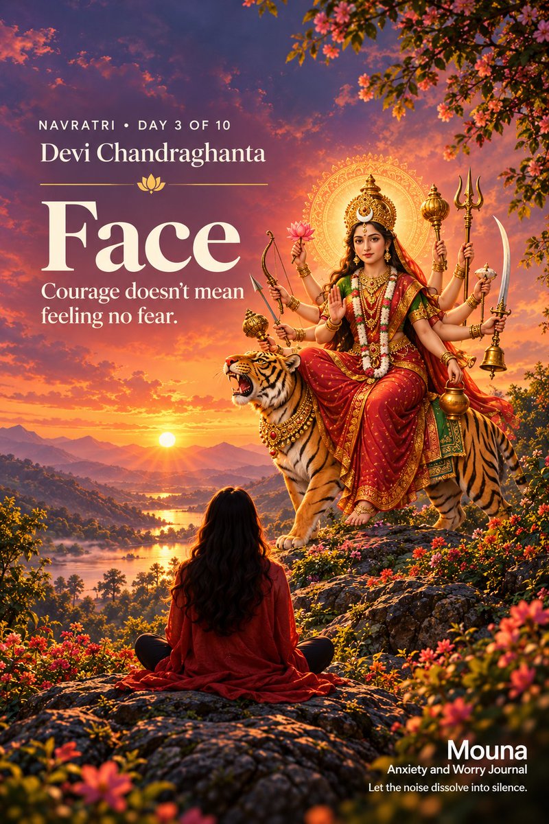 MounaApp's tweet photo. Navratri • Day 3  Devi Chandraghanta 

Courage doesn’t mean feeling no fear. Sometimes it means facing what’s difficult, one small step at a time. May we meet ourselves with compassion today. 
#Navratri #MaaChandraghanta #Mouna https://t.co/e62DAOEaEj