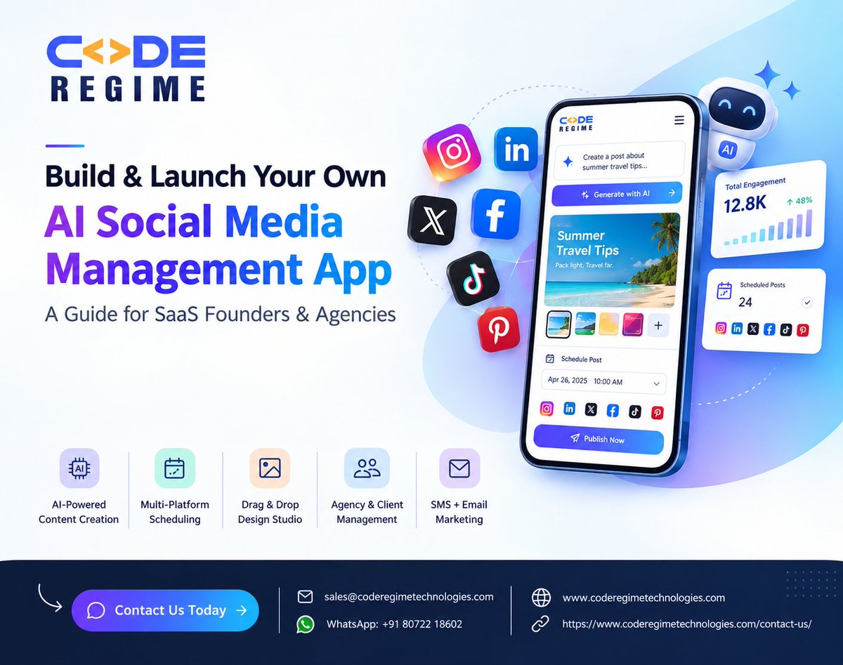 RegimeCode's tweet photo. Looking to launch your own #AISaaS product, before 2027? 🚀

Read our full development roadmap:  https://t.co/Q84xuXQQpa

📲 Call/WhatsApp: +91 80722 18602
📧 Email: sales@coderegimetechnologies.com 

#SocialMediaAutomation #CustomSoftwareDevelopment #AIAppDevelopment #WebApp https://t.co/Lk7lc4D7UW