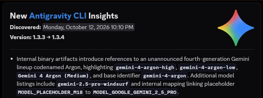 Antigravity CLI diff card showing native Gemini 4 Argon IDs for low, medium, high, and base variants in the 1.3.4 update