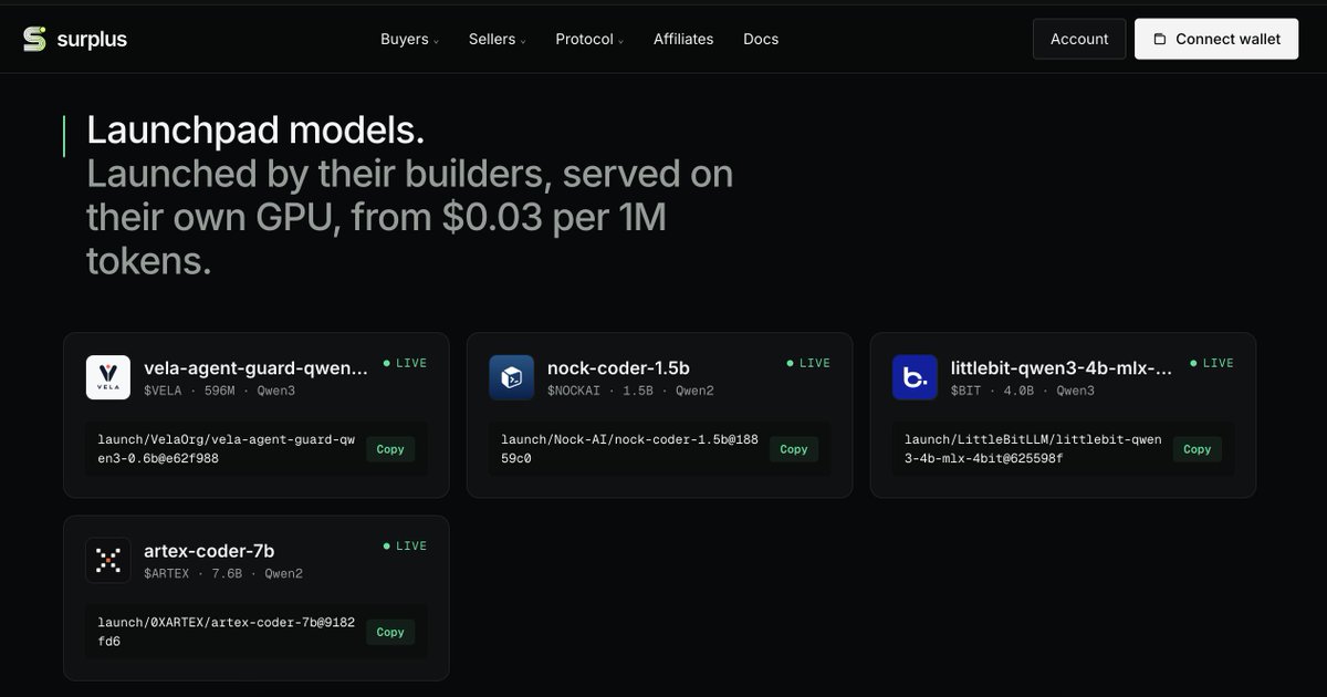 stventure_'s tweet photo. robinhood:0xe1838f0dff03a9327dea87b2a2285850791297ec @SurplusRH Thesis

the launchpad & hosting service for open weight models

i understand that surplus has other mechanics like stake to earn credit which equates to 1$ of inference but the feature that im interested in is the LLM launchpad,

with surplus LLM launchpad almost every open model developer can tokenize their models and enable broader accessibility, 

e.g as a user back when supergemma claimed their token you can't try the model without going to hugging face and set it up yourself on your PC, the model dev can't make it more accessible without hosting model, surplus LLM launchpad solves the accessibility part for both user & dev, user pays credit, dev get distro without the infra hassle.

incentive for model owner to launch:
30% from trading fees + another 30% from paid usage + no hosting infra headache

pro:
1. novel idea improving open model accessibility
2. nice value accrual (10% from trading fees goes to buyback and burn, ideally we want to see some buyback from the usage payments as well)

cons:
1. might be copied / failed to gain traction
2. unknown dev

what we want to see is more open weight models launching via surplus LLM launchpad, especially more renown w/ doxxed dev models, with an addition value accrual from the listed models transaction

nice bonus if open models tokenization meta gains traction will be interaction from robinhood team.