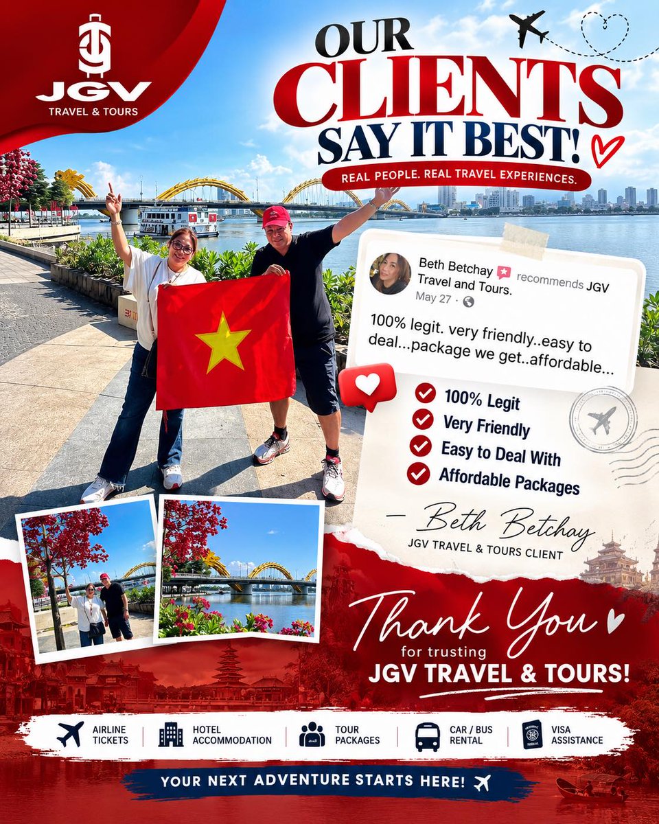 jonasbambambam's tweet photo. Have you traveled with JGV Travel &amp; Tours? Share your experience with our tours, staff, or service. As a thank-you, receive a special JGV perk for sharing your testimonial. https://t.co/H8BvLkPjpa