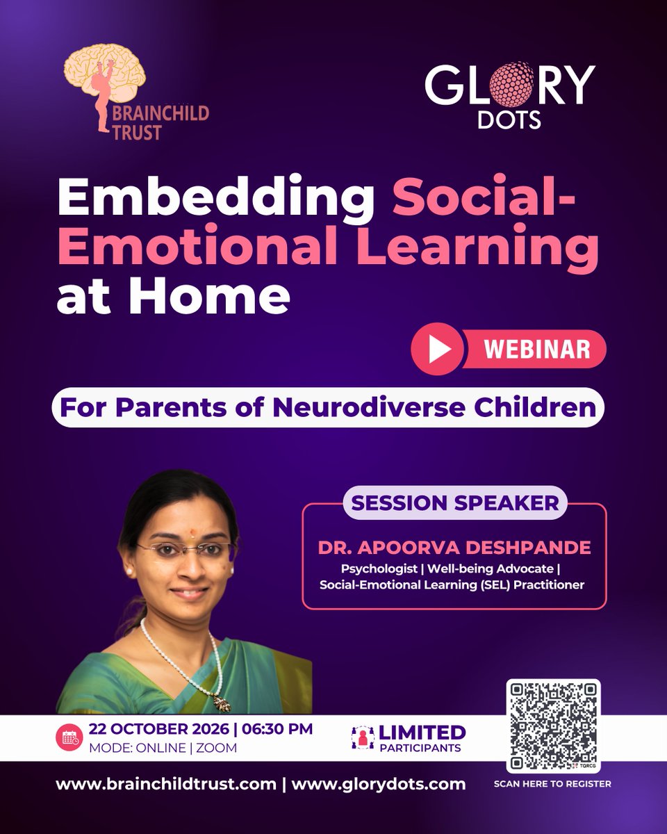 GloryDots's tweet photo. Embedding Social-Emotional Learning at Home! 

Join Glorydots &amp; Brainchild Trust for an insightful webinar designed for parents of neurodiverse children. 
Learn how to nurture emotional well-being and build stronger connections at home. 

Register Now:
https://t.co/MoKCHYcrBO https://t.co/zryYglQ1Di