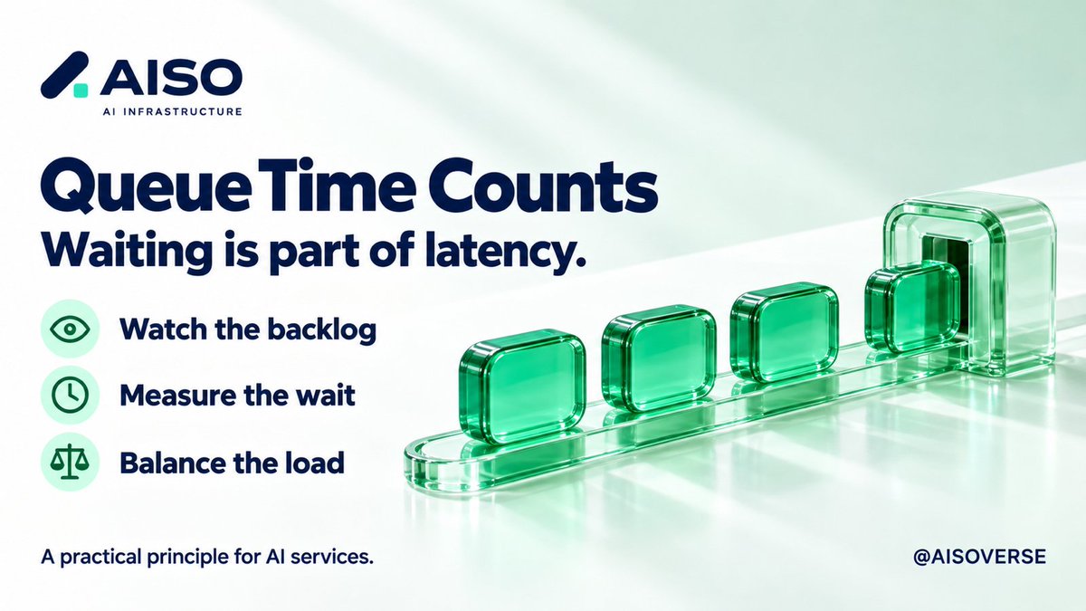 AISOVERSE's tweet photo. A queue buffers incoming work. Waiting still matters.

For AI services, watch the backlog and the time requests spend waiting, alongside execution time. These measures help reveal where delays accumulate.

#AISO #AIInfrastructure https://t.co/u2og2xmUvX