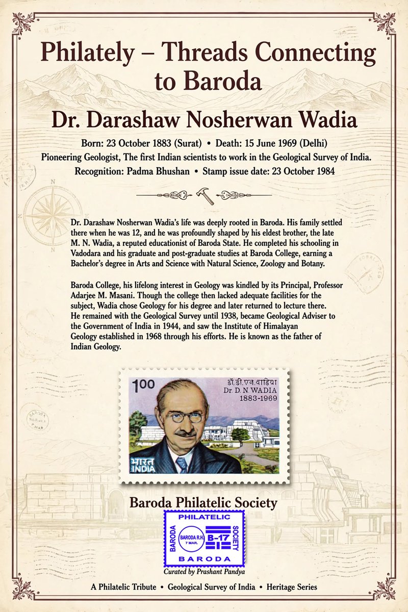 ipfdigest's tweet photo. Philately - Threads Connecting to Baroda
Dr. Darshaw Nosherwan Wadia
Born: 23 October 1883 (Surat)
Death: 15 June 1969 (Delhi)
Pioneering Geologist
Recognition: Padma Bhushan
Stamp issue date: 23 October 1984
#philately 📬 #vadodara #BARODA #dnwadia #darashawnosherwanwadia 🌟 https://t.co/1k5iWZR5CI