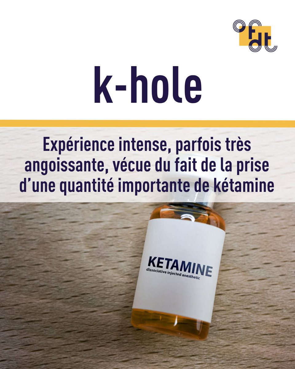 OFDT's tweet photo. 🔍 Le(s) mot(s) de la semaine : K-hole

Le K-hole ou « trou noir » désigne l’expérience intense, parfois très angoissante, vécue du fait de la prise d’une quantité importante de kétamine. 

❓Savez-vous quels sont les symptômes d'un K-hole?

🔗 Découvrez-le dans notre glossaire : https://t.co/ftIPTiNPIu