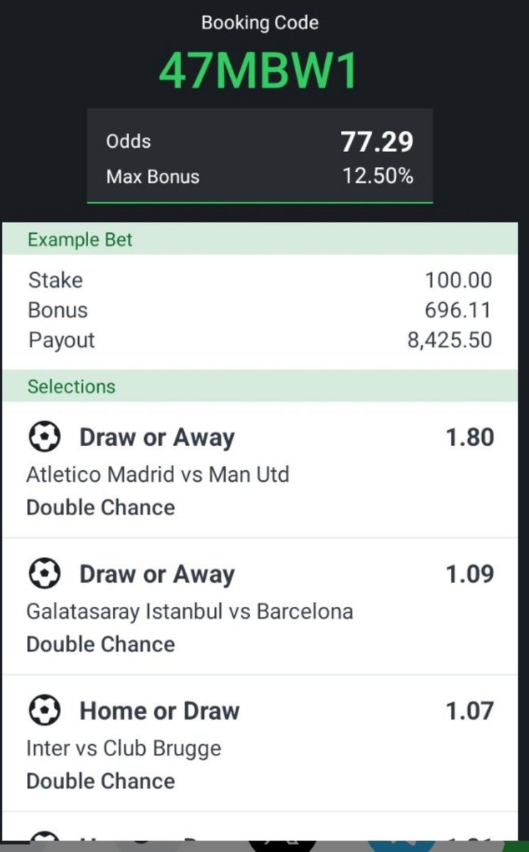 AbeloDelo's tweet photo. 🎯 77.29 ODDS
📌 Booking Code: 47MBW1
Who’s joining the winning journey? 👀🔥
Load it on SportyBet and check the selections before placing your bet. No guarantees, just football action! 💪⚽
#SportyBet #Footbal #BettingCommunity https://t.co/1A4e4nV18l
