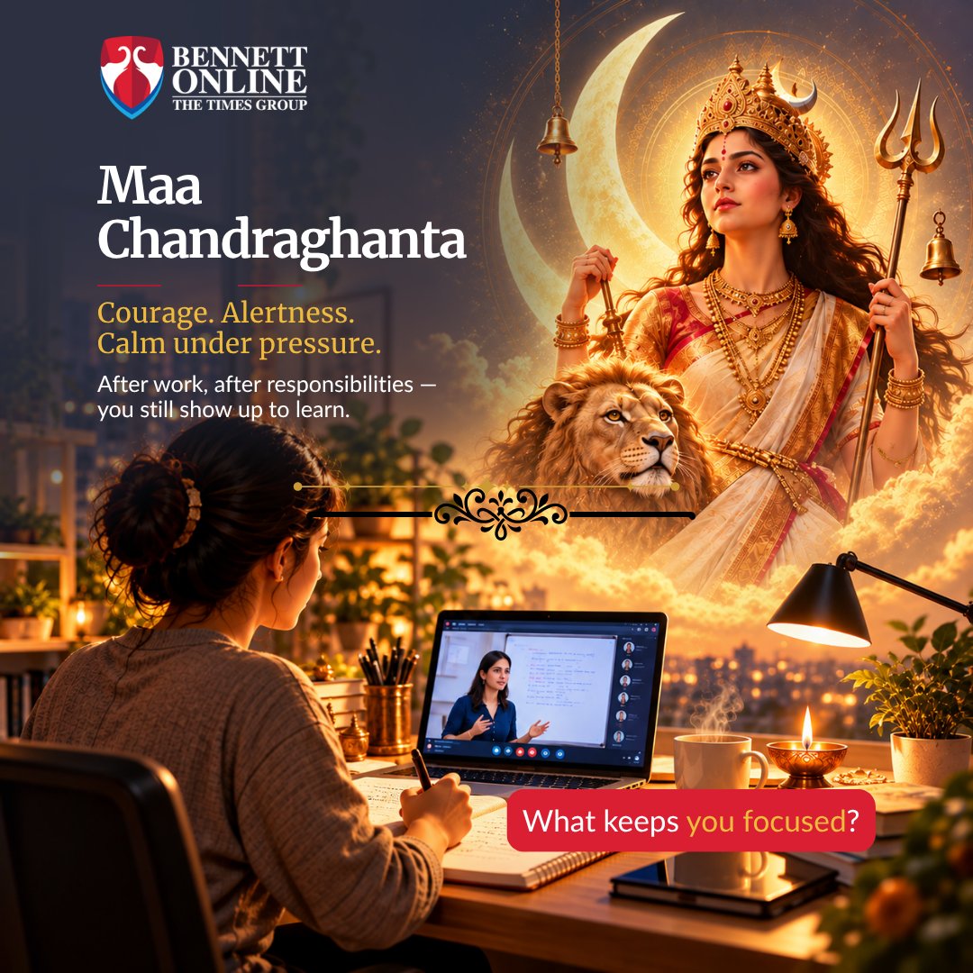 bennettcdoe's tweet photo. Day 3 of Navratri celebrates Maa Chandraghanta, associated /w courage, alertness &amp; calm strength.
For online learners balancing work, family &amp; study, this spirit feels deeply real.
Today, we honour the courage to stay focused &amp; keep moving fwd. #Navratri #BennettOnline https://t.co/dHREuBShnh