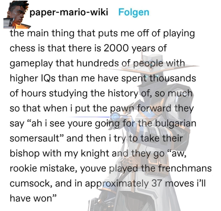 IncorrectValo's tweet photo. cypher probably does make up random chess gambit names to mess with phoenix https://t.co/2eqQK7kw6m