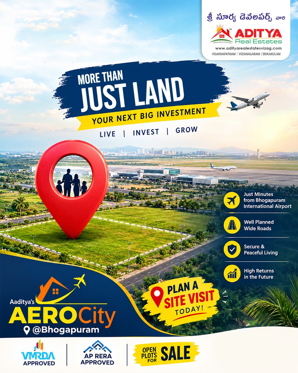 AdityReal's tweet photo. ✈️ More than just land! Aaditya’s AeroCity @ Bhogapuram offers VMRDA &amp; AP RERA approved open plots, just minutes from Bhogapuram International Airport. 🏡
Live | Invest | Grow

🌐 https://t.co/PBAGBBpZEN

#AadityasAeroCity #BhogapuramAirport #OpenPlots https://t.co/SN0dBOATGD
