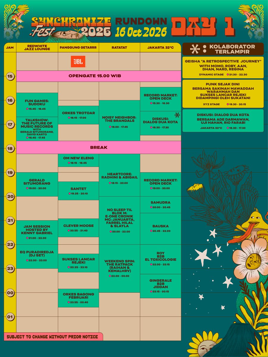 SynchronizeFest's tweet photo. 🔥 FINAL RUNDOWN SYNCHRONIZE FEST 2026 LESGOOOOOOOOOOW 🔥  

DAY 1 - JUMAT, 16 OKTOBER SYNCHRONIZE FEST 2026! ❤️‍🔥 https://t.co/RoebszHeWY