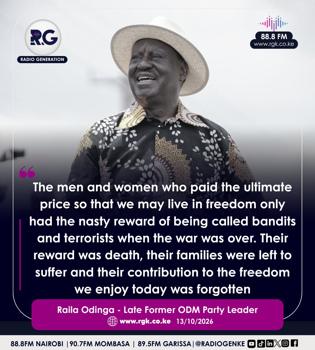 RadioGenKe's tweet photo. As October 2026 is dubbed ‘Mwezi wa Baba’ in honour of late former ODM Party Leader Raila Odinga, his September 12, 2015, remarks at the unveiling of a freedom fighters’ monument at Freedom Corner, Uhuru Park, Nairobi, recall his call to honour Kenya’s independence heroes, recognise their sacrifices and acknowledge the suffering endured by their families. The country will mark the first anniversary of Raila’s death on October 15, 2026
#RailaAtOne
#HomeOfHardTruths