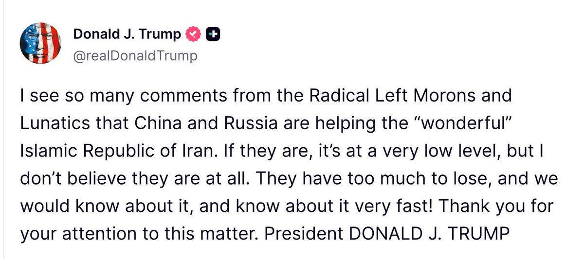 jurgen_nauditt's tweet photo. I don't think Russia and China are helping Iran – Trump.

Who’s going to tell the idiot that he’s the only person who doesn’t believe that? https://t.co/YGedx3TbdT