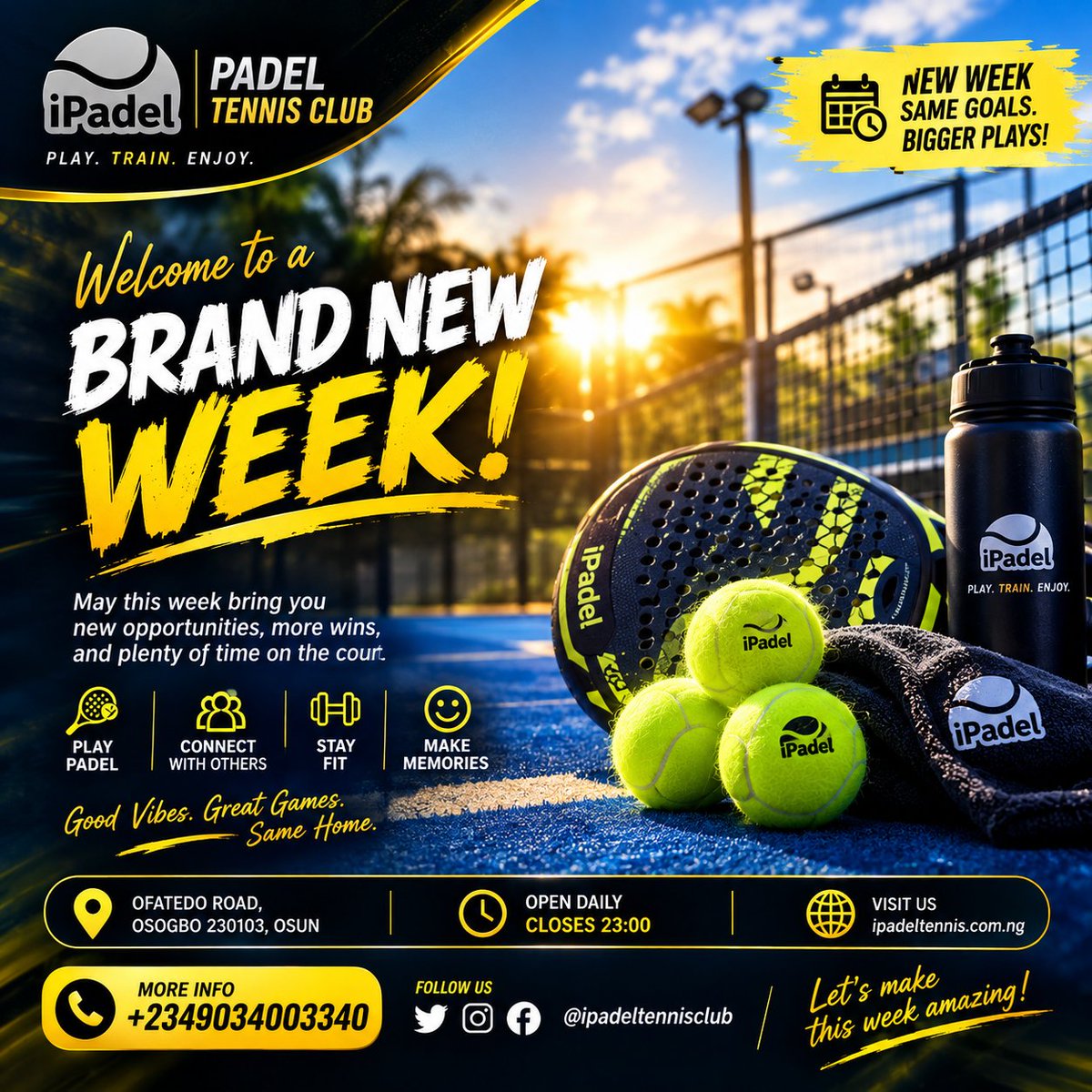 IpadelTennis's tweet photo. NEW WEEK. SAME GOALS. BIGGER PLAYS! 🎾🔥
A fresh week brings fresh opportunities to challenge yourself, improve your game, and create unforgettable memories.
💪 Stay focused.
🔗 Ready to hit the court? Book today:
https://t.co/SVpBREj4sp
#iPadel #PadelTennis #NewWeek #Osogbo https://t.co/FgN5SXICsc