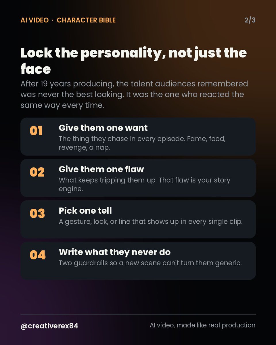 creativerex84's tweet photo. The AI characters pulling millions of views right now aren't winning on looks.

After 19 years producing, the talent people remembered always reacted the same way. Lock the personality, not just the face.

Steal the character bible on slide 3. https://t.co/9BdfSzKaCB