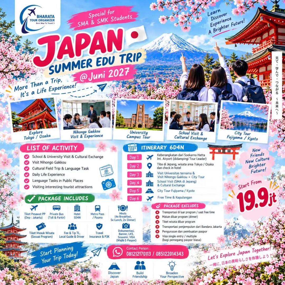 Lovely__Grl's tweet photo. JAPAN SUMMER EDU TRIP 2027 untuk siswa SMA &amp; SMK. Belajar bahasa, budaya, dan kehidupan Jepang melalui school visit, cultural exchange, city tour, dan pengalaman langsung. Juni 2027, 6 hari 4 malam. Kuota terbatas. https://t.co/2T1dAUtY89