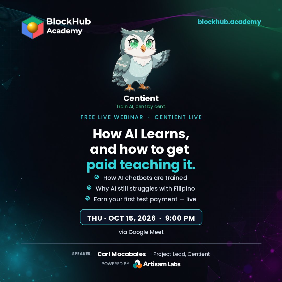 blockhubacademy's tweet photo. 🦉 How does an AI chatbot learn what a "good" answer is? People teach it.

FREE live session w/ Carl Macabales of @Centient: 🧠 How AI is trained 🇵🇭 The Filipino gap 🛠️ Earn your first test payment live

🗓️ Thu Oct 15 · 9PM · Google Meet 👉 https://t.co/tMy0sdyxKt https://t.co/sCe3vmPxxS