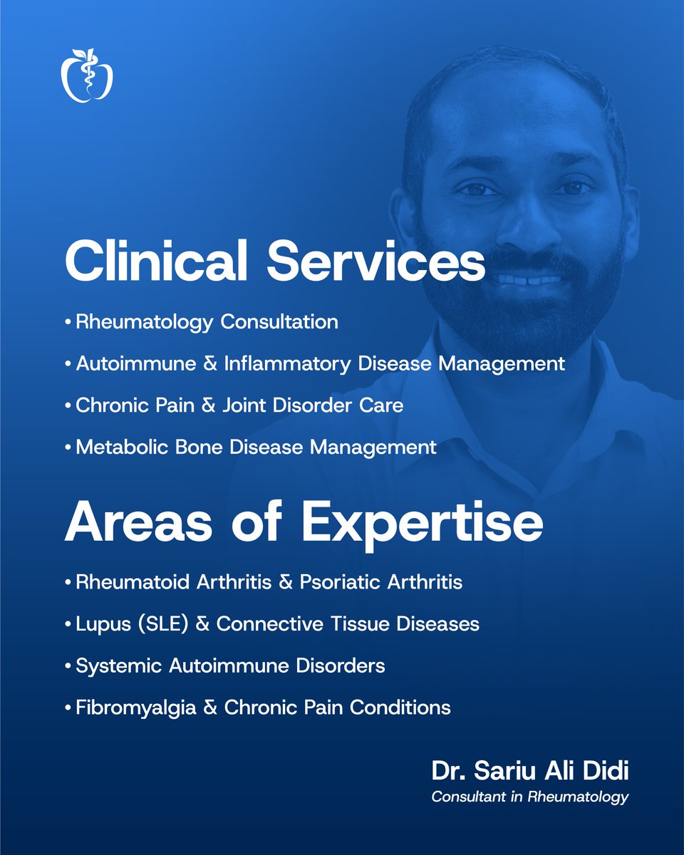 ADKHospital's tweet photo. Meet Dr. Sariu Ali Didi, Consultant in Rheumatology.

Dr. Sariu focuses on diagnosing and treating autoimmune and inflammatory conditions such as arthritis, lupus, and chronic pain—helping patients manage symptoms and improve their quality of life.

Book an appointment
Visit our MyCare portal at https://t.co/8qZ9WDncs7
Call 1440
or WhatsApp us at +960 767-1440

#ADKHospital #MeetOurTeam #Rheumatology #CaringForYou