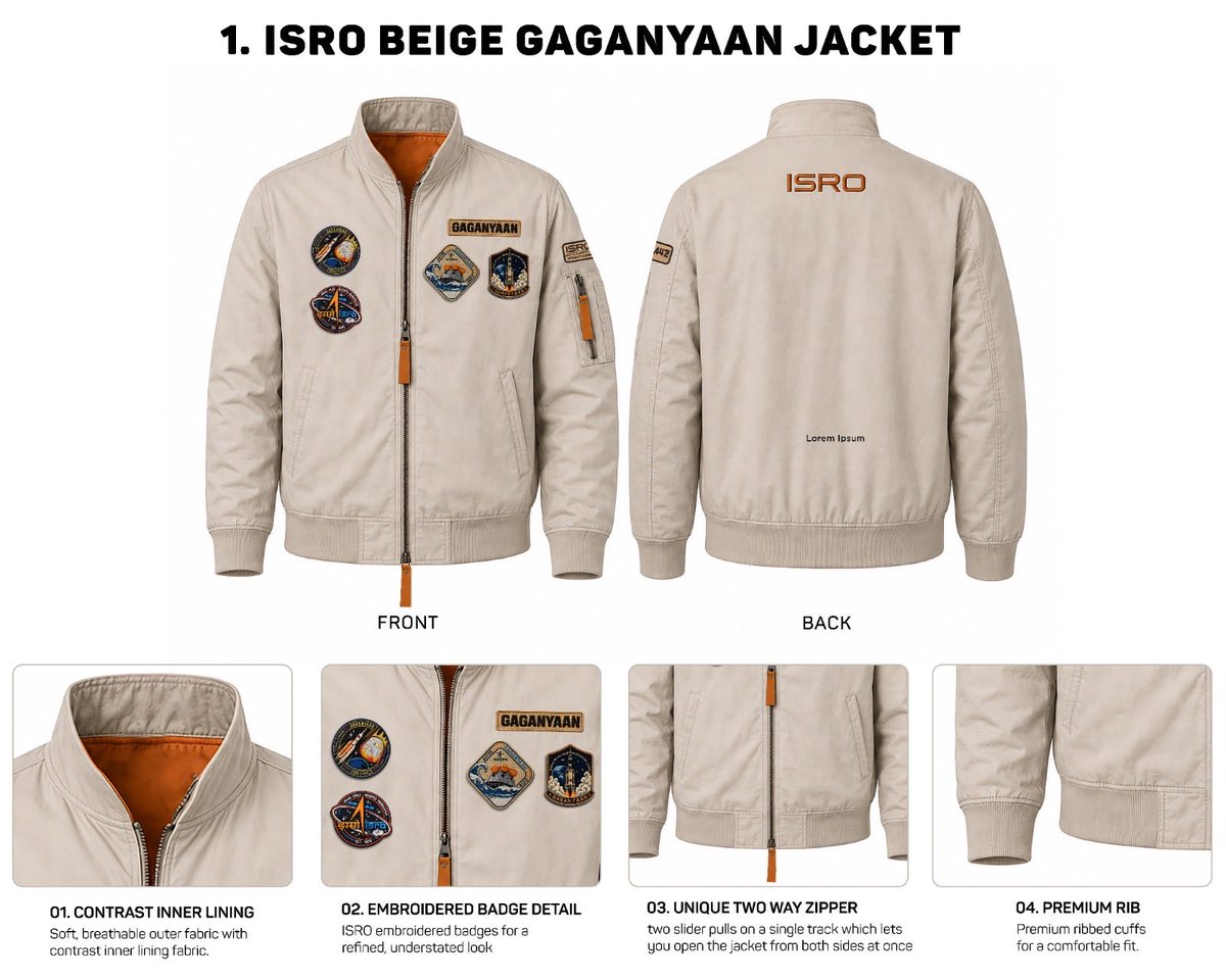kapoorkkunal's tweet photo. Man, we have incredible institutions. And i’ve always felt they should be part of our pop culture, not just our curriculum.

So I teamed up with @A47merch to design six jackets for ISRO.

Which ones would you wear? The top three go into production.

1–4 here, 5 and 6 below. 🚀 https://t.co/ci0SZFxzR7
