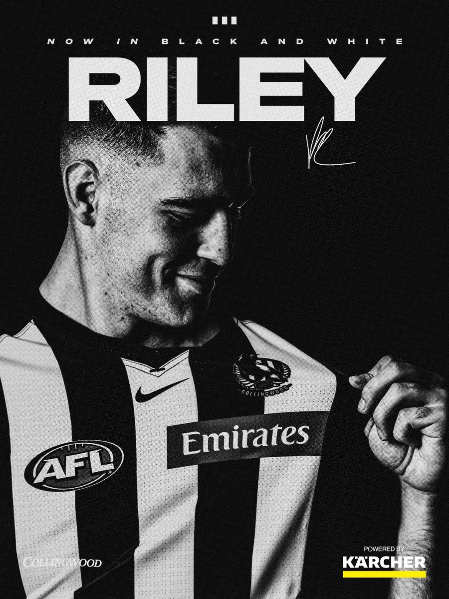 CollingwoodFC's tweet photo. The childhood Pie comes home 🏡🖤🤍  

209cm ruck Flynn Riley has joined our Club in a trade with the Blues, powered by Kärcher.

More: https://t.co/D2whFI3qt4 https://t.co/Hh2ycdf1cy