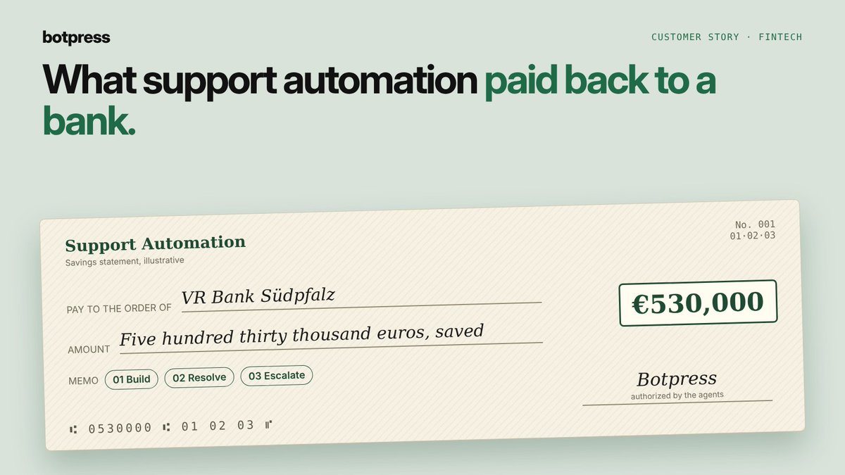 usebotpress's tweet photo. €530,000.

That's what VR Bank Südpfalz saved through support automation with Botpress.

Built for a regulated industry, resolving routine banking questions, escalating the sensitive ones with full context.

https://t.co/tHP41YAESo https://t.co/zADxSMGJBJ