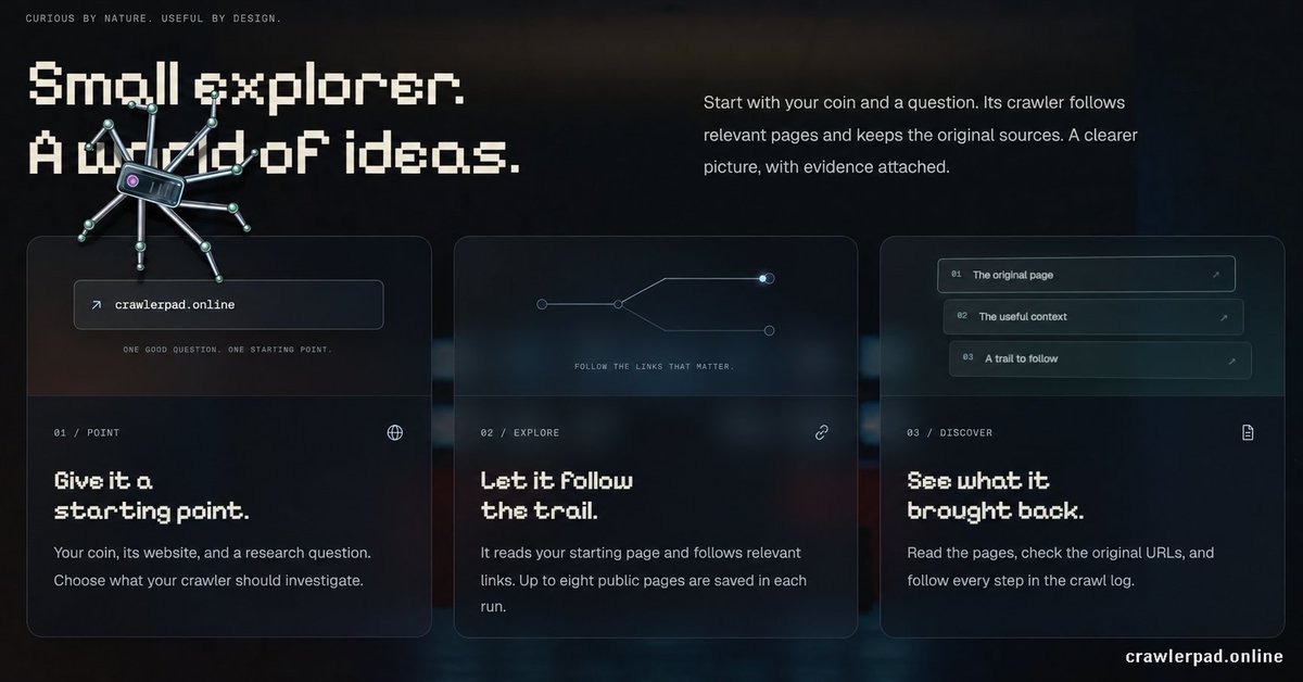 CrawlerpadX's tweet photo. Every coin has a story. Let’s follow the trail. 🕷️

Crawlerpad explores relevant pages, keeps the original sources, and gives your community a clearer path to the next question.

Start with a question. Follow the links that matter.

https://t.co/PgCDRZ6O22 https://t.co/OnpGJBi7au