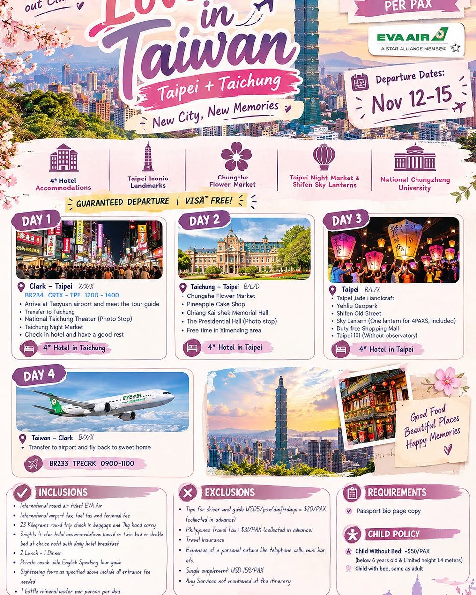 AtlGlobalIns's tweet photo. LOVE IN TAIWAN — TAIPEI + TAICHUNG

Make your 4D3N Taiwan escape unforgettable. Explore Taipei and Taichung’s landmarks, local food, shopping, Shifen Old Street, Yehliu Geopark, Taipei 101, and more. From USD 529 per person
November 12–15, 2026 https://t.co/wniOCT5ijB