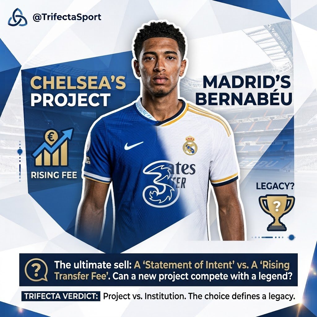 TrifectaSport's tweet photo. Chelsea want Jude Bellingham. Real Madrid are offering him a new contract.

One move is a statement of intent. The other is a transfer fee rising by the week.

The harder question is whether Chelsea can sell him a project when Madrid sells him the Bernabéu. https://t.co/KDagQeZJhu