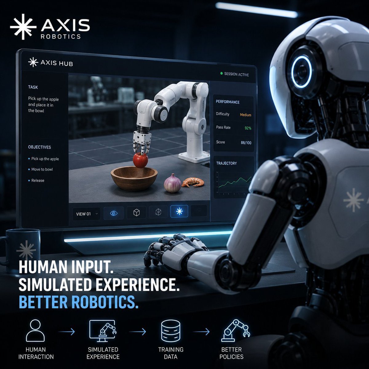 Zoroo_x11's tweet photo. The Future of Robotics Is Built Through Experience.

What if robots could learn complex tasks through thousands of simulated experiences before performing them in the real world?

That’s where the combination of human input, simulation, and intelligent training data becomes powerful. 

With @axisrobotics , the concept is simple but important: human interaction helps create meaningful experiences, simulated environments turn those experiences into training opportunities, and the resulting data can help improve how robots make decisions.

🔹 Human Input: Humans provide guidance and demonstrate how tasks should be performed.

🔹 Simulated Experience: Robots can practice tasks in controlled virtual environments, explore different scenarios, and learn from repeated attempts.

🔹 Training Data: Every useful interaction can contribute to better training data, helping developers understand what works and what needs improvement.

🔹 Better Policies: With effective training and evaluation, robots can develop more reliable ways to approach tasks, respond to different situations, and execute actions.

Imagine a robotic arm learning to pick up an apple and carefully place it inside a bowl. 

It needs to understand positioning, movement, grip, timing, and release. A small mistake can change the entire outcome. Simulation gives developers an opportunity to test these steps, identify weaknesses, and improve the robot’s behavior before deployment.

The real opportunity is not simply building robots that can move. It’s building robots that can learn, adapt, and perform tasks more reliably.

As robotics and AI continue to evolve, better training experiences could play an important role in bringing intelligent automation closer to everyday life.

Human input. Simulated experience. Better training. Smarter robotics. ⚡

The next generation of robotics will depend not only on hardware, but also on the quality of the experience and data used to train intelligent systems.
@axisrobotics 
You can try:-https://t.co/71gkAsVnfX