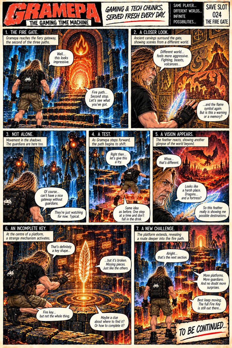GramepaGaming's tweet photo. The Fire Gate _ Save Slot 24

See past episodes on the Gramepa website here:
https://t.co/wR9yMumGPR

Read more about Gramepa's Gaming Time Machine project here:
https://t.co/XAtmrS7nbb

#comic #gamingcomic #aicomic #gaminghistory #gamercomic #dailycomic https://t.co/B87QCRxnHr